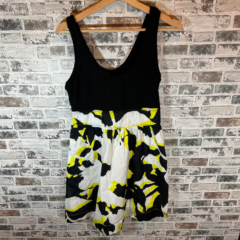 Y2K Express Fit Flare Dress Womens 12 Black Yellow Abstract Print Sleeveless